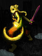 Blade amulet_of_silence artist:ViridianVertigo braids character:Katia_Managan looking_badass magic_fire rain stylized
