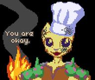 artist:Todo_Deygulash character:Katia_Managan cooking fansnark fire fire_safety knock_off pixel_art self_inflicted_burns text
