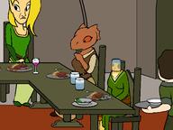 Anvil_dinner_party anvil character:Katia_Managan character:Quill-Weave khajiit_racism knock_off shame