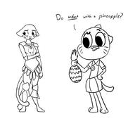 The_Amazing_World_of_Gumball artist:Pseudonymous character:Katia_Managan character:Nicole_Watterson crossover ear-tilt monochrome pineapple shame text