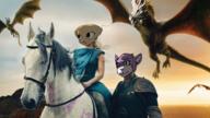 Housepets! character:Alduin character:Katia_Managan character:your_weird_OC crossover game_of_thrones grape_jelly horse inconsistent_rendering knock_off purple_eyes