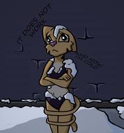 artist:lapma black_eyes casually_underdressed character:Katia_Managan curled_tail painted_underwear snow streets_of_Kvatch text