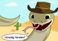 artist:damrok4321 character:Scleepy_the_Healing_Snake cowboy_hat desert smiling snakes teeth text western