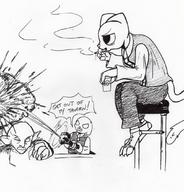 artist:KuroNeko booze character:bartender daedra monochrome oblivion_crisis scamp smoking staff text