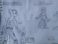 character:Katia_Managan character:Sigrid magic_fire monochrome sketch strife text