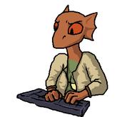 animation casually_underdressed character:Quill-Weave dwemer_technology literary_endeavors plain_background