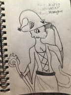 Khajiit character:Katia_Managan magic magic_staff monochrome plain_background sketch text wizard_hat