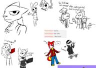 Dragons_Burn Mediocre_Scrublord artist:MikeyTheFox audience cake character:Katia_Managan character:Quill-Weave character:Rajirra dwemer_automaton five_nights_at_freddy's knock_off modern_clothing sketch text
