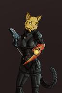 Blade Cosplay Khajiit Mass_Effect artist:Raywingale character:Katia_Managan crossover dwemer_technology firearms yellow_eyes