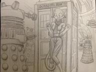 Doctor_Who adorable artist:Strawberry-Jamasaur character:Katia_Managan crossover curled_tail dwemer_automaton dwemer_technology fear mage_hands modern_clothing monochrome pencil_drawing