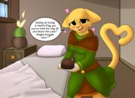 Heart's_Day Katia's_wizard_robe Khajiit adorable artist:TwistComet bed black_eyes blushing cake character:Katia_Managan happy prehensile_tail romance text