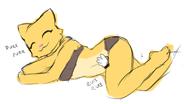 adorable bellyrubs casually_underdressed character:Katia_Managan khajiit_racism missing_tail painted_underwear purring smiling text