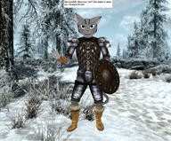 Khajiit TES_Morrowind TES_Skyrim armor artist:Geravind character:your_weird_OC claws inconsistent_rendering knock_off screenshot shield text