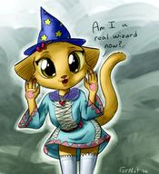 adorable artist:AMKitsune artist:Furnut character:younger_Katia mage_hands text wizard_hat yellow_eyes
