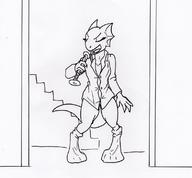 Quill-Weave's_house argonian artist:KuroNeko casually_underdressed character:Quill-Weave monochrome musicality