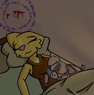 Quill-Weave's_bed Quill-Weave's_bedroom artist:lapma character:Katia_Managan character:your_weird_OC pig sleep-over sleepy smiling