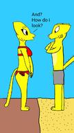 animation beach character:Katia_Managan character:bartender curled_tail discomfort erect_tail swimsuit