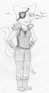 armor_design artist:Vins character:Katia_Managan eyepatch monochrome sketch text